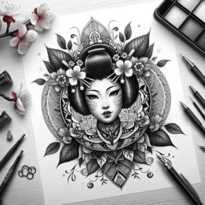 delicacy-and-grace – tattoo design ideas free ai generated – realism-realistic-color – for-scapula – Gallery: geisha-inkby-ai