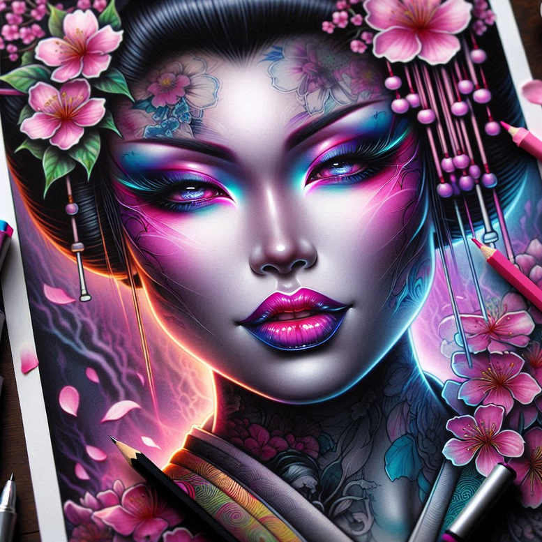 delicacy-and-grace – tattoo design ideas free ai generated – realism-volume-effect – for-biceps – Gallery: geisha-inkby-ai