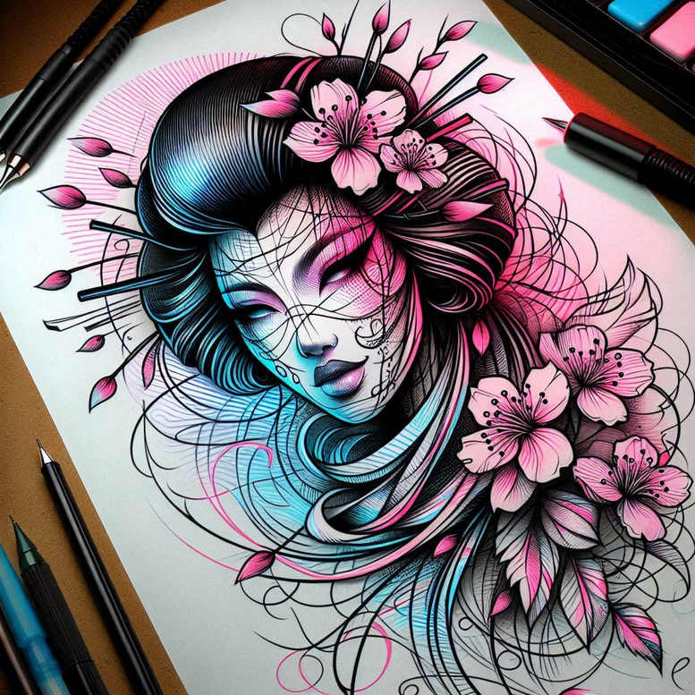 delicate-geisha – tattoo design ideas free ai generated – realism-depth-of-field – for-knee – Gallery: geisha-inkby-ai