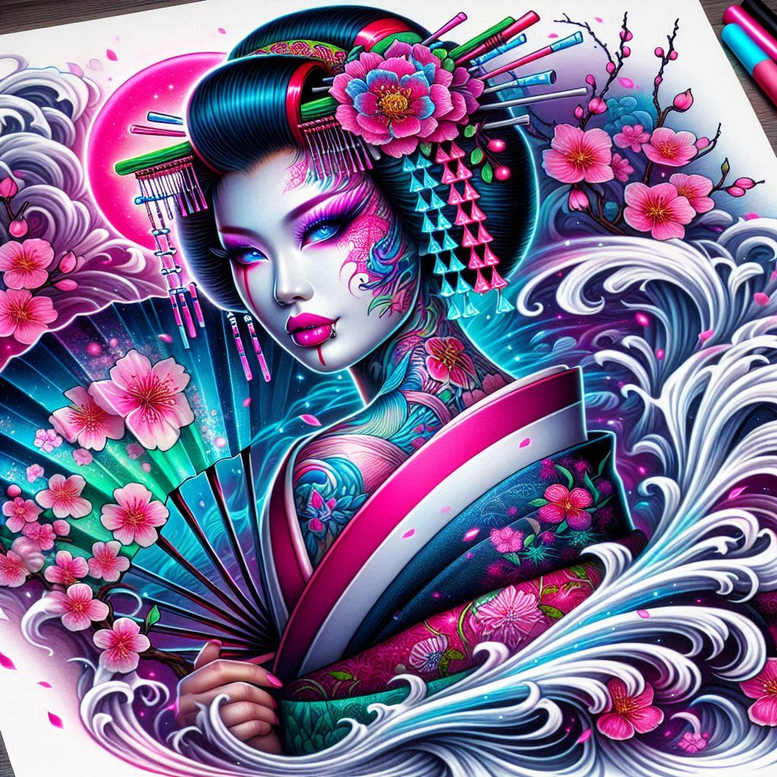 delicate-geisha-tattoo – tattoo design ideas free ai generated – realism-dynamic-shadows – for-upper-arm – Gallery: geisha-inkby-ai