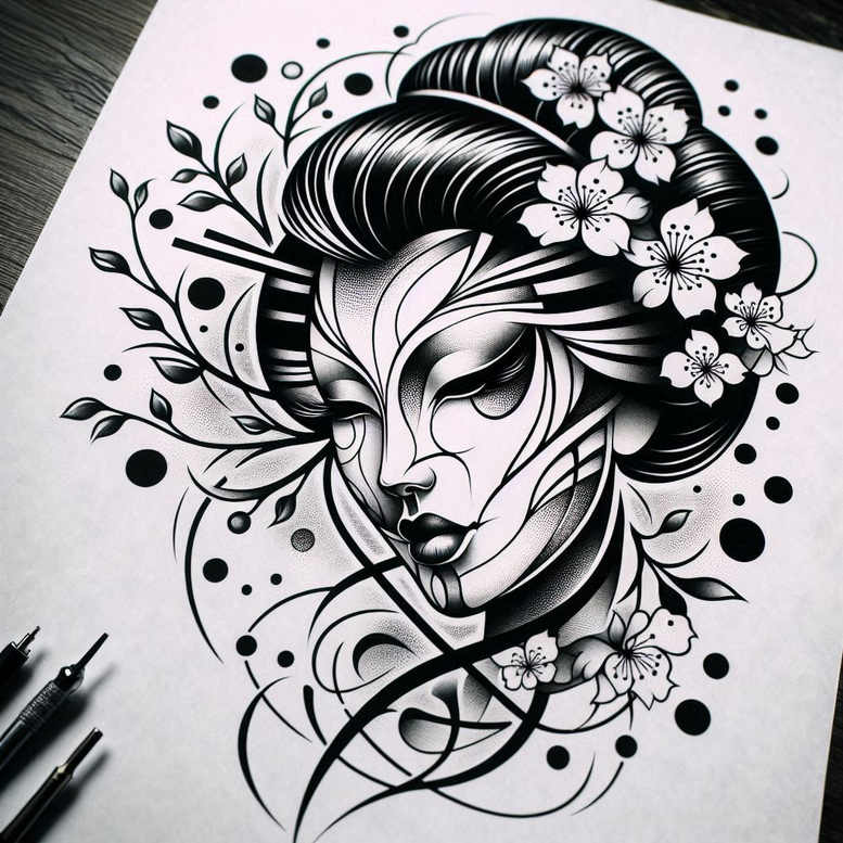 elegant-geisha – tattoo design ideas free ai generated – realism-natural-blush – for-neck – Gallery: geisha-inkby-ai