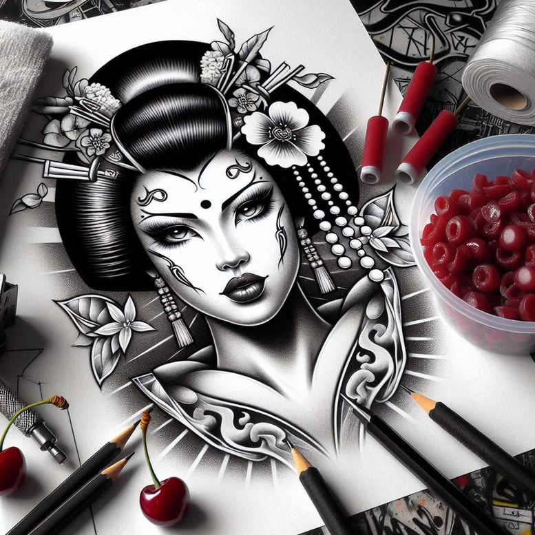 elegant-geisha – tattoo design ideas free ai generated – realism-sharp-focus – for-fingers – Gallery: geisha-inkby-ai