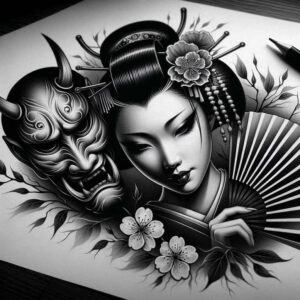 fan – tattoo design ideas free ai generated – neotraditional-bold-texture – for-wrist – Gallery: geisha-inkby-ai