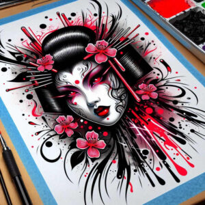 fan – tattoo design ideas free ai generated – neotraditional-classic-motifs – for-upper-thigh – Gallery: geisha-inkby-ai
