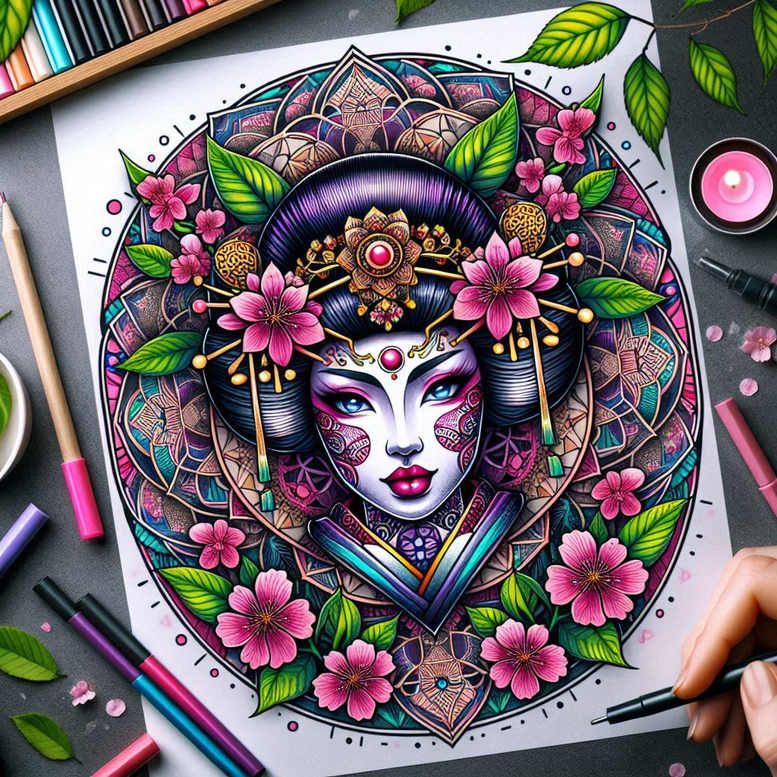 fan – tattoo design ideas free ai generated – realism-smooth-blackwork – for-back-of-neck – Gallery: geisha-inkby-ai