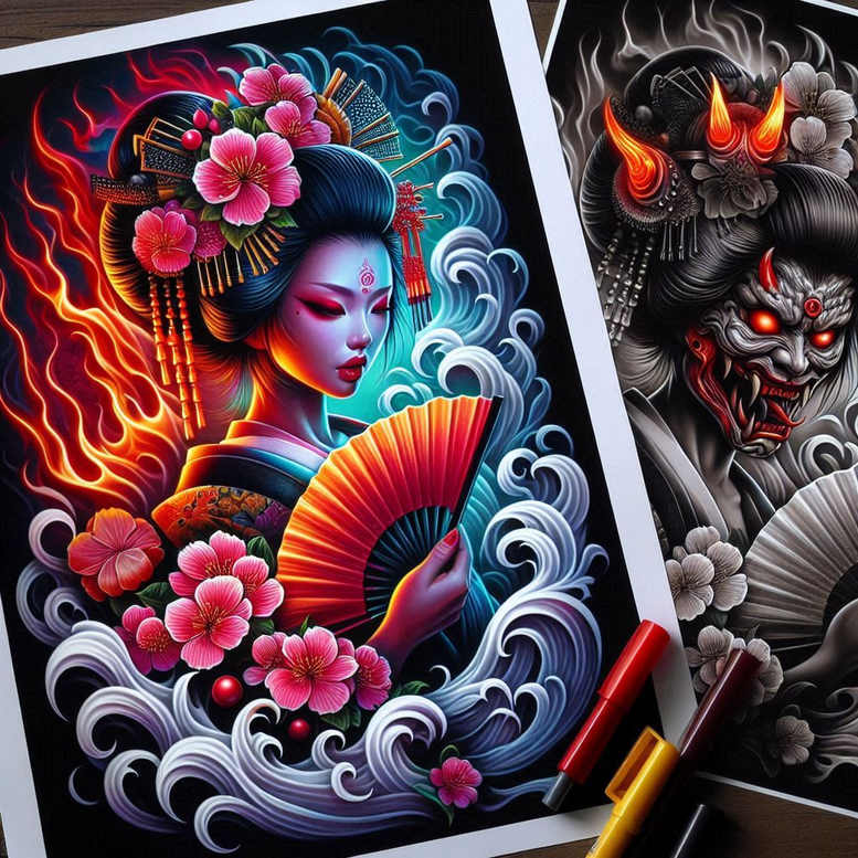 Geisha with blue hair tones, pink blossoms, orange fan, and blue-white waves, opposite a grayscale demon; AI-generated tattoo project; cover-up ready.