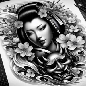 feminine-figure – tattoo design ideas free ai generated – realism-hyper-detail – for-scapula – Gallery: geisha-inkby-ai