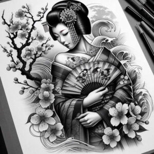 feminine-geisha – tattoo design ideas free ai generated – neotraditional-classic-shading – for-nape – Gallery: geisha-inkby-ai