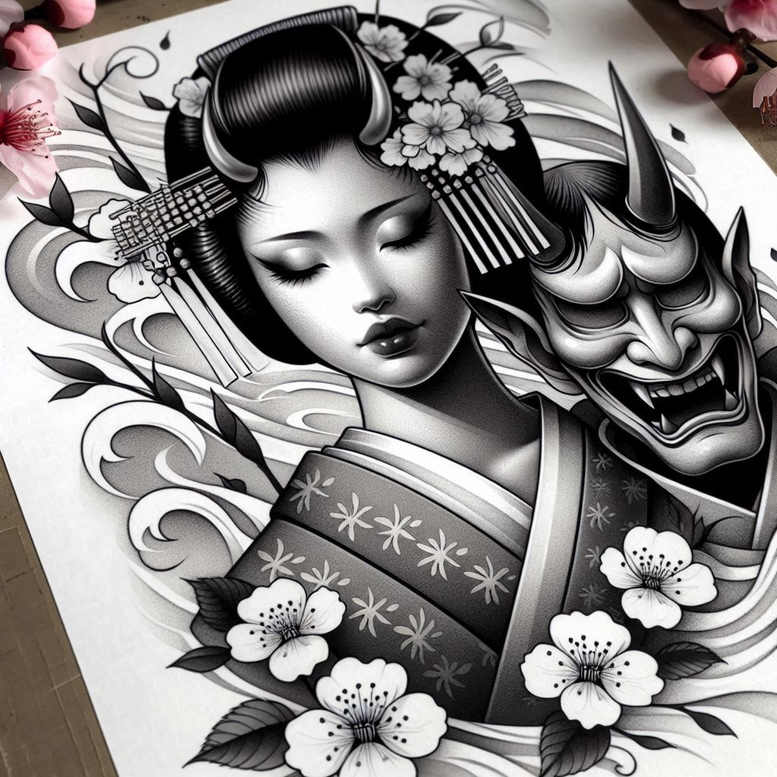 feminine-tattoo – tattoo design ideas free ai generated – neotraditional-subtle-tone – for-back – Gallery: geisha-inkby-ai