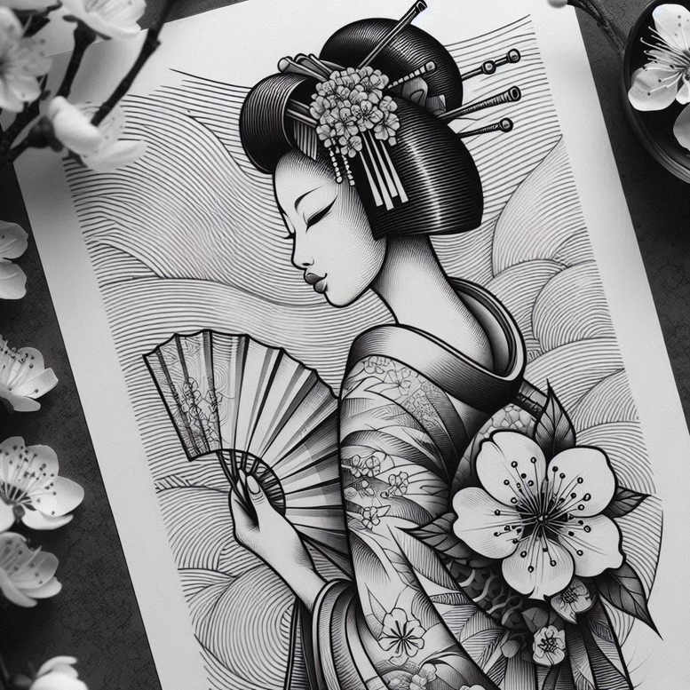 feminine-tattoo – tattoo design ideas free ai generated – realism-photorealistic-drawing – for-lower-chest – Gallery: geisha-inkby-ai