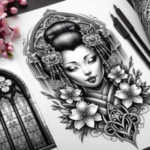 fine-line-geisha – tattoo design ideas free ai generated – neotraditional-contrasting-colors – for-toe – Gallery: geisha-inkby-ai