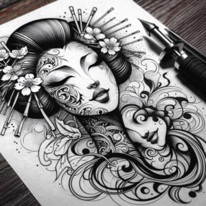 fine-line-geisha – tattoo design ideas free ai generated – realism-skin-realism – for-scapula – Gallery: geisha-inkby-ai