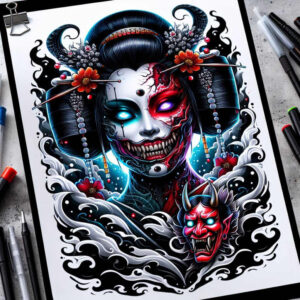 for-women – tattoo design ideas free ai generated – neotraditional-dynamic-color – for-upper-chest – Gallery: geisha-inkby-ai