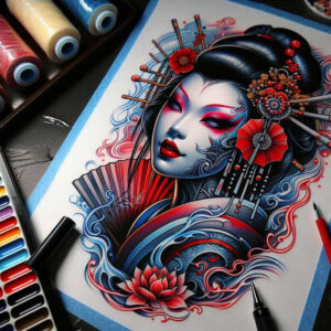 for-women – tattoo design ideas free ai generated – neotraditional-layered-fill – for-shoulder-blade – Gallery: geisha-inkby-ai