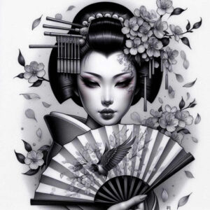 geisha-and-cherry-blossom – tattoo design ideas free ai generated – surrealism-visual-paradox – for-lower-back – Gallery: geisha-inkby-ai