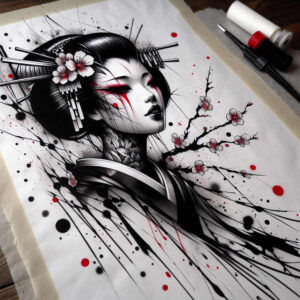 geisha-and-light – tattoo design ideas free ai generated – neotraditional-crisp-lines – for-ribs – Gallery: geisha-inkby-ai
