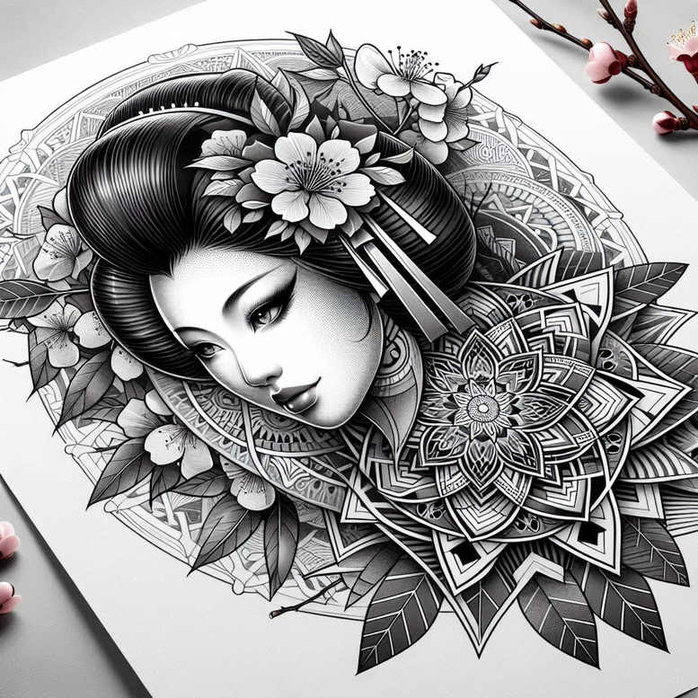 geisha-and-light – tattoo design ideas free ai generated – realism-smooth-gradients – for-calf – Gallery: geisha-inkby-ai
