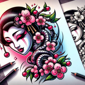 geisha-and-light – tattoo design ideas free ai generated – surrealism-otherworldly – for-hip – Gallery: geisha-inkby-ai