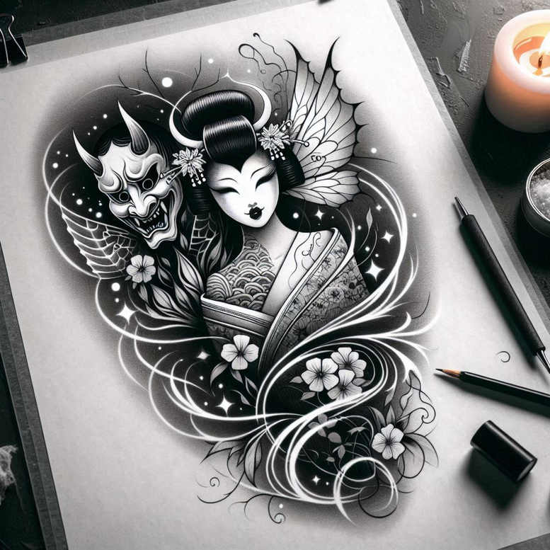 geisha-art – tattoo design ideas free ai generated – realism-photographic-quality – for-shoulder-blade – Gallery: geisha-inkby-ai
