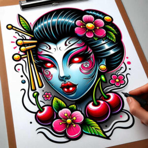 geisha-design – tattoo design ideas free ai generated – neotraditional-layered-fill – for-behind-ear – Gallery: geisha-inkby-ai
