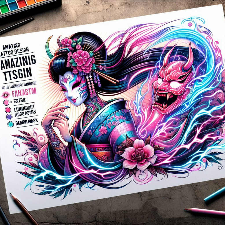 geisha-detailed-tattoo – tattoo design ideas free ai generated – neotraditional-color-overlays – for-collarbone – Gallery: geisha-inkby-ai