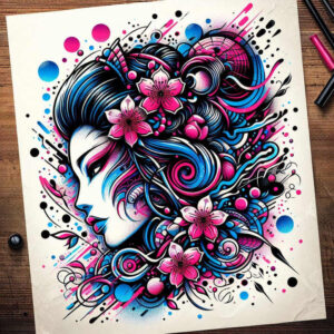 geisha-drawing – tattoo design ideas free ai generated – neotraditional-bold-motifs – for-upper-thigh – Gallery: geisha-inkby-ai