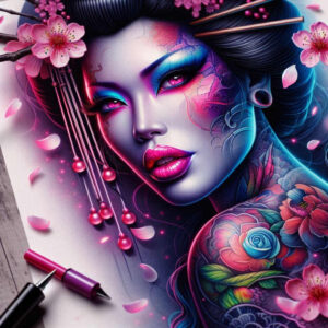 geisha-elegance – tattoo design ideas free ai generated – surrealism-subconscious-themes – for-ribs – Gallery: geisha-inkby-ai