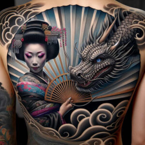 geisha-expression – tattoo design ideas free ai generated – neotraditional-precise-lines – for-lower-back – Gallery: geisha-inkby-ai
