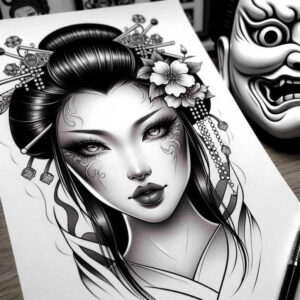 geisha-expression – tattoo design ideas free ai generated – realism-ink-precision – for-lower-arm – Gallery: geisha-inkby-ai