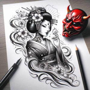 geisha-eyes – tattoo design ideas free ai generated – neotraditional-enhanced-shading – for-collarbone – Gallery: geisha-inkby-ai