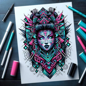 geisha-face – tattoo design ideas free ai generated – neotraditional-balanced-tones – for-upper-thigh – Gallery: geisha-inkby-ai