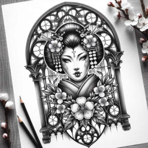 geisha-grace – tattoo design ideas free ai generated – neotraditional-refined-lines – for-lower-leg – Gallery: geisha-inkby-ai