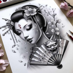 geisha-illustration – tattoo design ideas free ai generated – realism-gentle-shadow – for-thigh – Gallery: geisha-inkby-ai