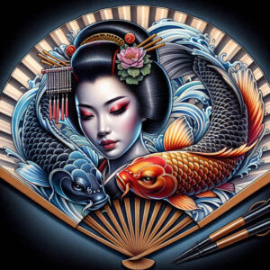geisha-in-delicate-style-for-men – tattoo design ideas free ai generated – surrealism-floating-elements – for-sternum – Gallery: geisha-inkby-ai