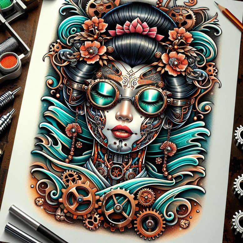 geisha-in-motion – tattoo design ideas free ai generated – neotraditional-clean-contrast – for-back-of-neck – Gallery: geisha-inkby-ai