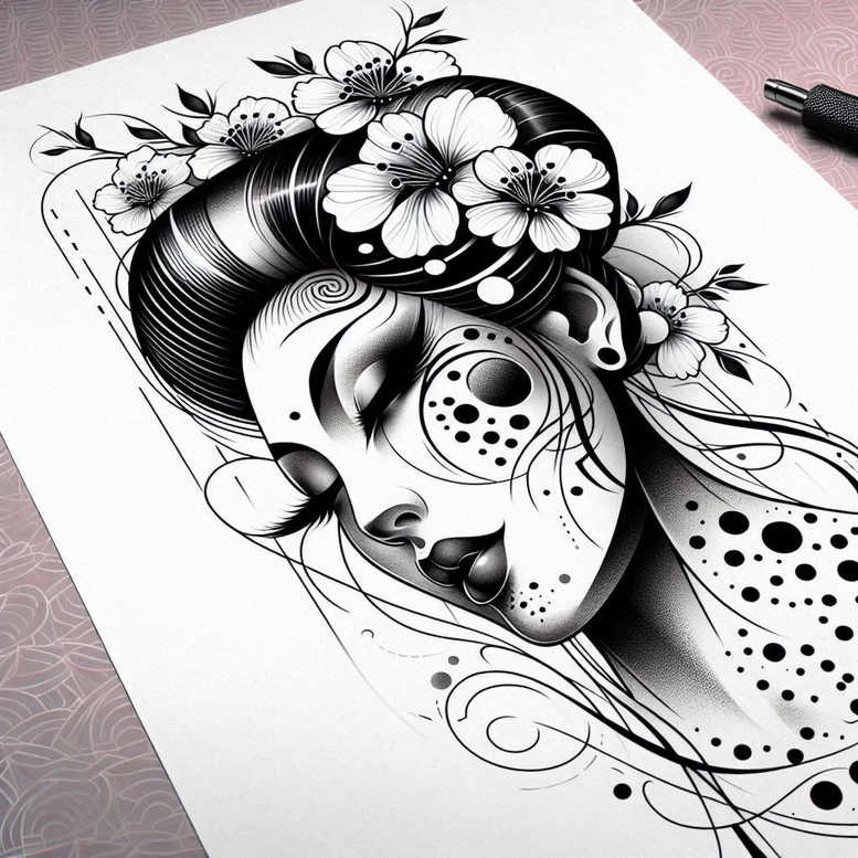 geisha-in-motion – tattoo design ideas free ai generated – neotraditional-detailed-textures – for-full-back – Gallery: geisha-inkby-ai