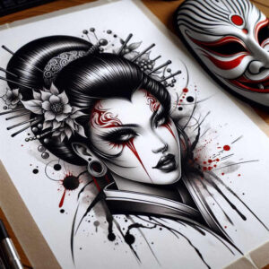 geisha-light – tattoo design ideas free ai generated – neotraditional-subtle-tone – for-abdomen – Gallery: geisha-inkby-ai