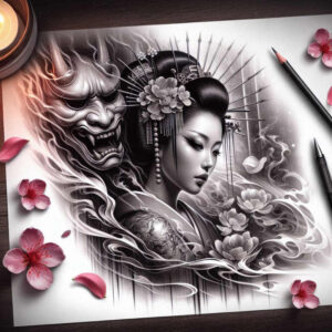 geisha-light – tattoo design ideas free ai generated – realism-transparent-layer – for-sternum – Gallery: geisha-inkby-ai