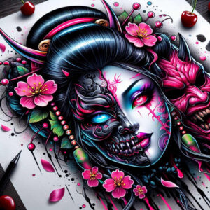 geisha-portrait – tattoo design ideas free ai generated – surrealism-disorienting – for-shoulder-blade – Gallery: geisha-inkby-ai