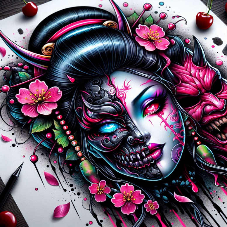 geisha-portrait – tattoo design ideas free ai generated – surrealism-disorienting – for-shoulder-blade – Gallery: geisha-inkby-ai