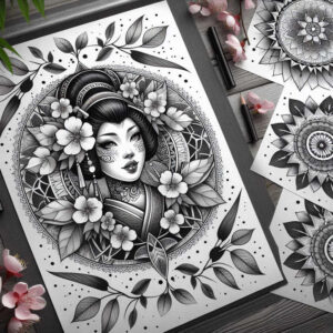 geisha-pose – tattoo design ideas free ai generated – neotraditional-bold-texture – for-heel – Gallery: geisha-inkby-ai