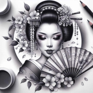 geisha-silhouette – tattoo design ideas free ai generated – neotraditional-layered-fill – for-collarbone – Gallery: geisha-inkby-ai