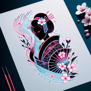 geisha-symbol-of-beauty – tattoo design ideas free ai generated – neotraditional-refined-detail – for-upper-chest – Gallery: geisha-inkby-ai