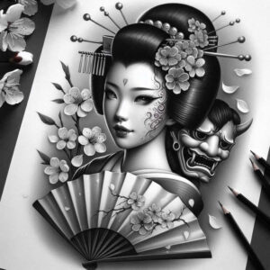 geisha-tattoo-design – tattoo design ideas free ai generated – realism-precise-anatomy – for-ribs – Gallery: geisha-inkby-ai