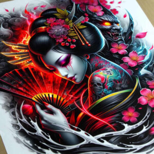 geisha-tattoo-design – tattoo design ideas free ai generated – realism-realistic-gleam – for-back-shoulder – Gallery: geisha-inkby-ai