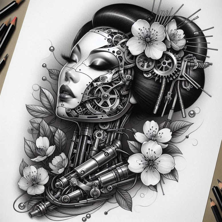 geisha-tattoo – tattoo design ideas free ai generated – surrealism-altered-reality – for-wrist-side – Gallery: geisha-inkby-ai