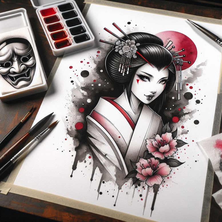geisha-with-details – tattoo design ideas free ai generated – surrealism-ethereal-textures – for-heel – Gallery: geisha-inkby-ai