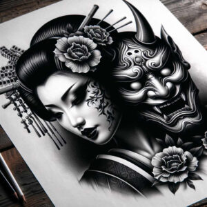 geisha-with-feathers – tattoo design ideas free ai generated – realism-portrait-realism – for-collarbone – Gallery: geisha-inkby-ai