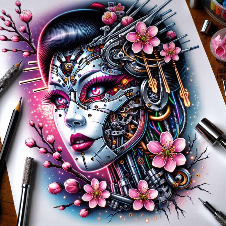 geisha-with-flowers – tattoo design ideas free ai generated – neotraditional-bold-texture – for-thigh – Gallery: geisha-inkby-ai