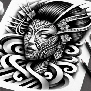 geisha-with-line – tattoo design ideas free ai generated – neotraditional-color-blending – for-calf – Gallery: geisha-inkby-ai